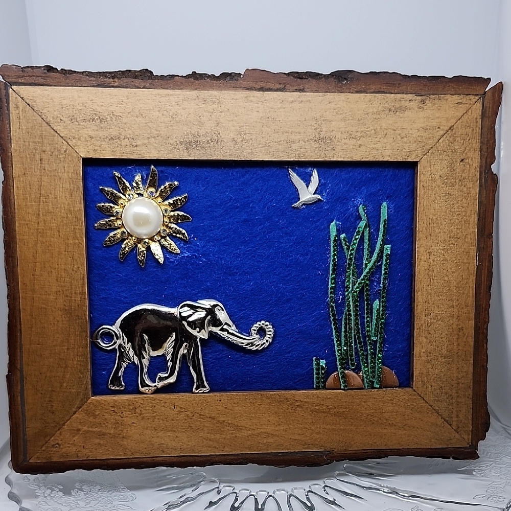 Wooden Framed Elephant Jewerly Art Collage Picture